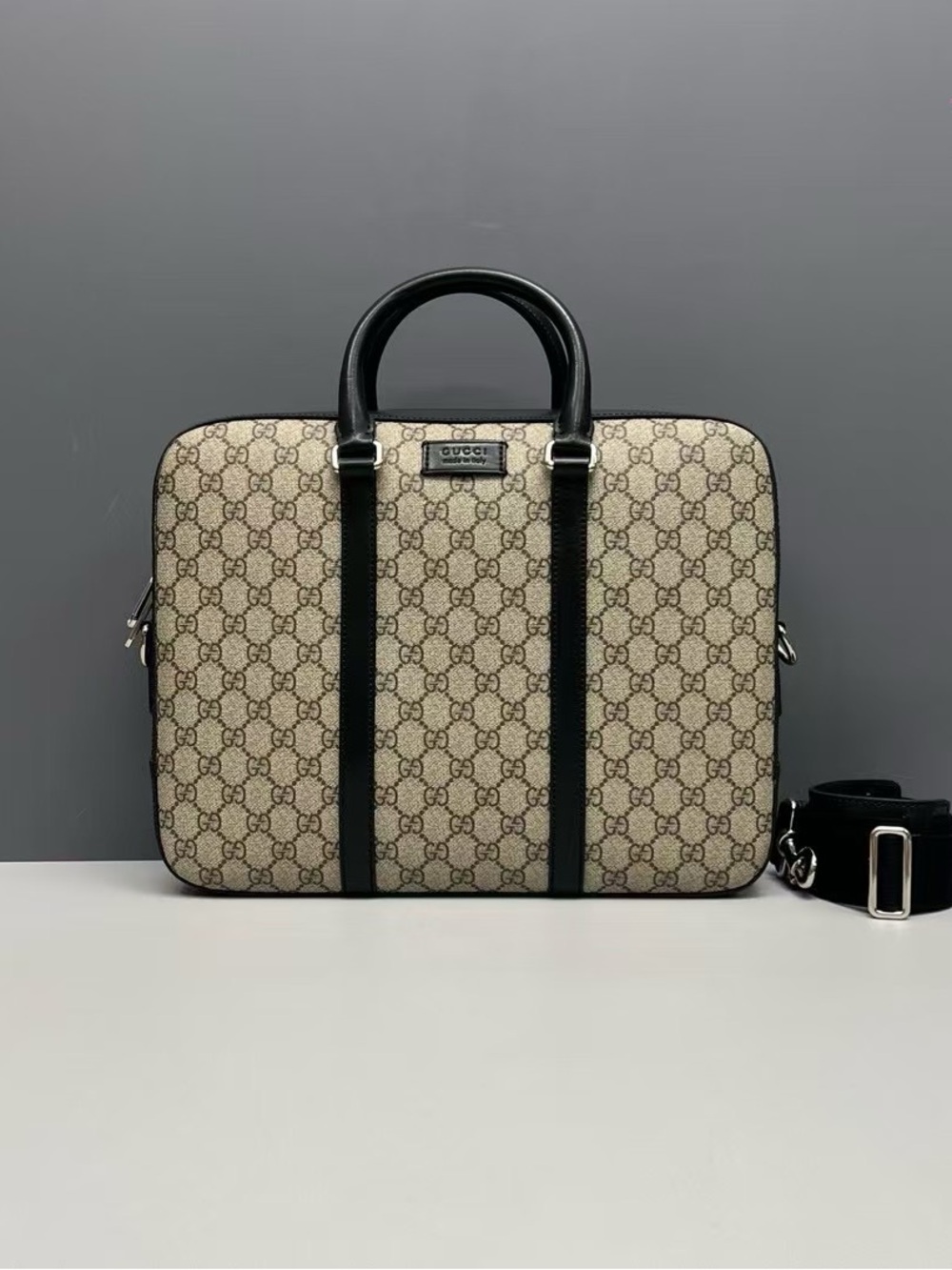 Gucci Beige GG Supreme Canvas Laptop Briefcase with Black Leather Trim
